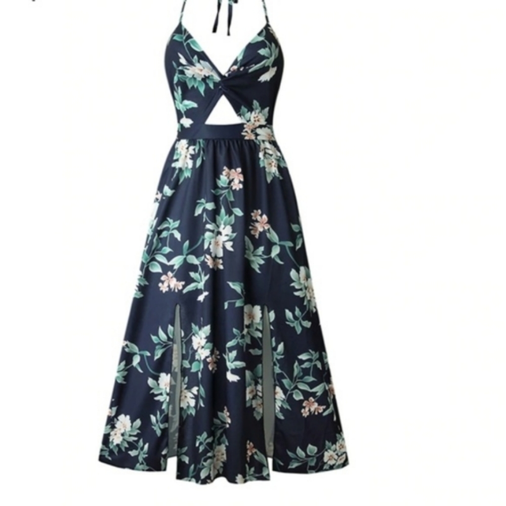 Navy Blue Maxi Floral Twist Halter Dress Print - Picture 2 of 4